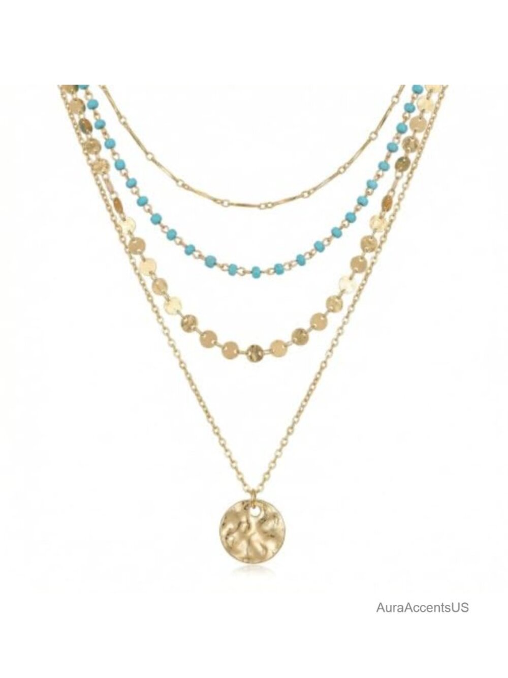 Boho Layered Coin Necklace Set 4 Piece Bohemian Gold Tone Metal Chain Women